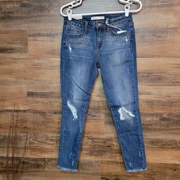 NATURE Jeans Size 26 Mid Rise Skinny Raw Hem Embellished Stretch Denim NWT - Picture 1 of 8